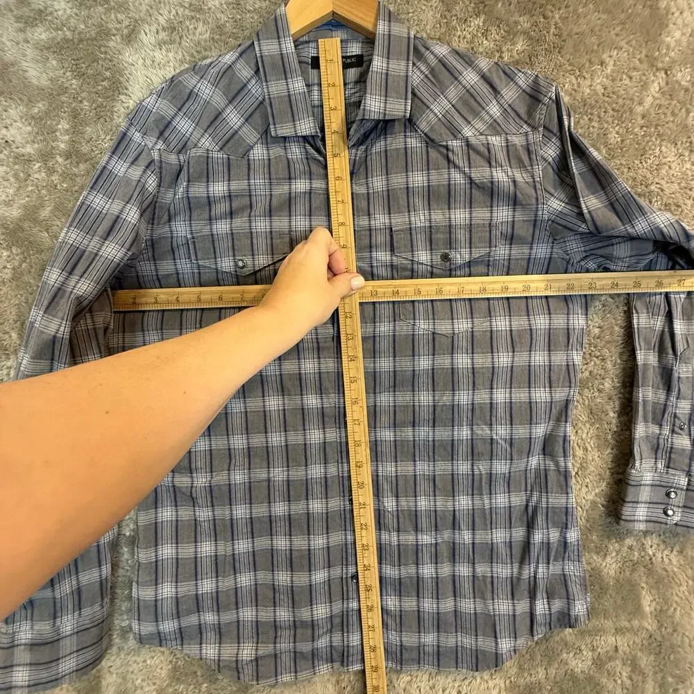 Banana Republic Slim Fit Blue Gray Plaid Check Western Shirt Peral Snap L Large